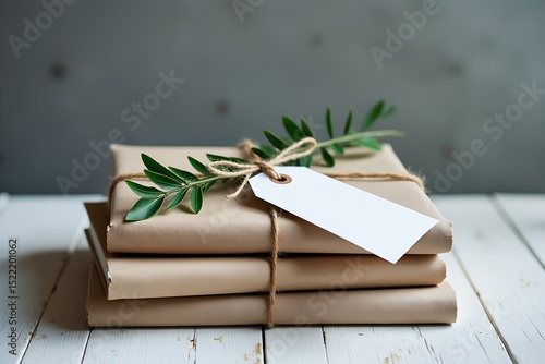 A stack of books, wrapped in kraft paper and adorned with twine and greenery, sits on a white table