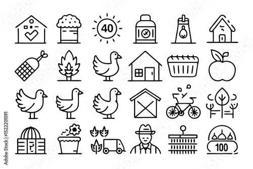 High quality line icon set featuring poultry farm elements chickens roosters eggs and related imagery