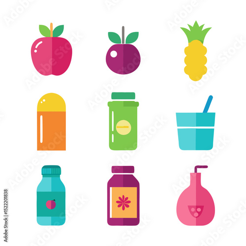 Nine colorful icons representing healthy food and supplements
