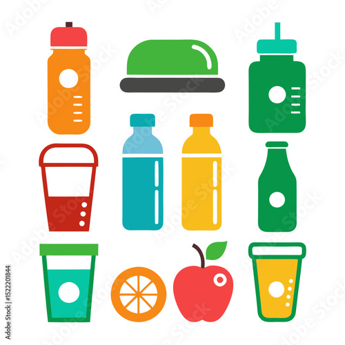 Colorful Flat Design Still Life of Healthy Food and Drinks