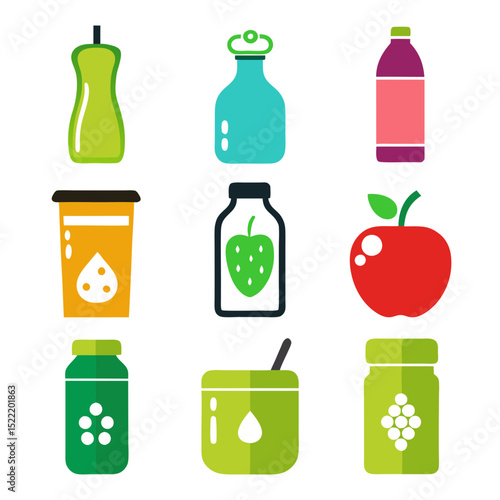 Set of colorful fruit and food container icons