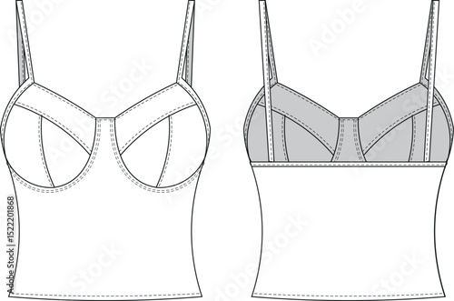 sleeveless strappy strapped sweetheart square neck fit blouse top bustier template technical drawing flat sketch cad mockup fashion woman design style model 

