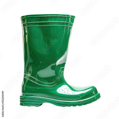 Vibrant green rubber boot designed for wet conditions, featuring glossy finish and sturdy sole. This footwear is ideal for gardening, outdoor activities, or rainy weather, providing both style