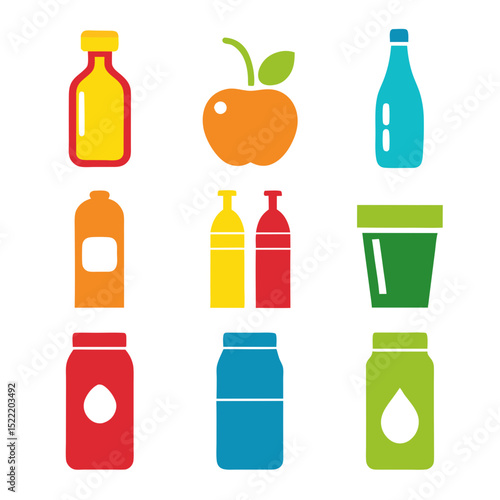 Brightly colored flat icon set of assorted food items