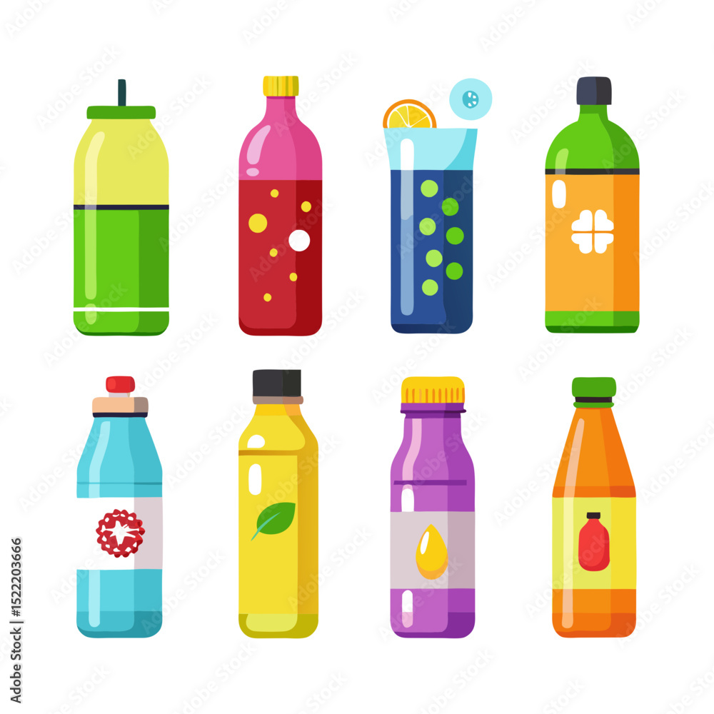 Assorted bottles and glass with juice flat illustration style Assorted bottles and glass with juice flat illustration style