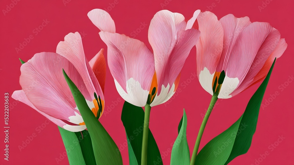Fototapeta premium Three pink flowers are arranged in a vase on a red background. The flowers are in full bloom and their petals are open, creating a sense of freshness and vitality