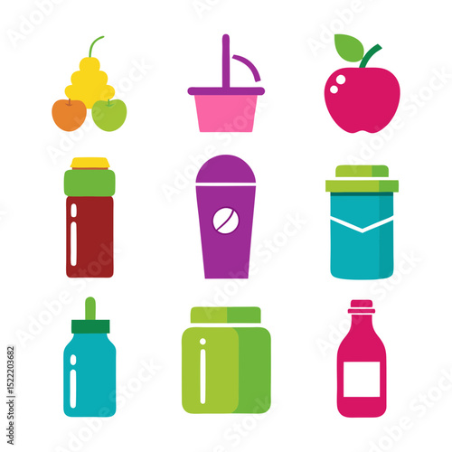 Flat lay of various colorful food and drink containers