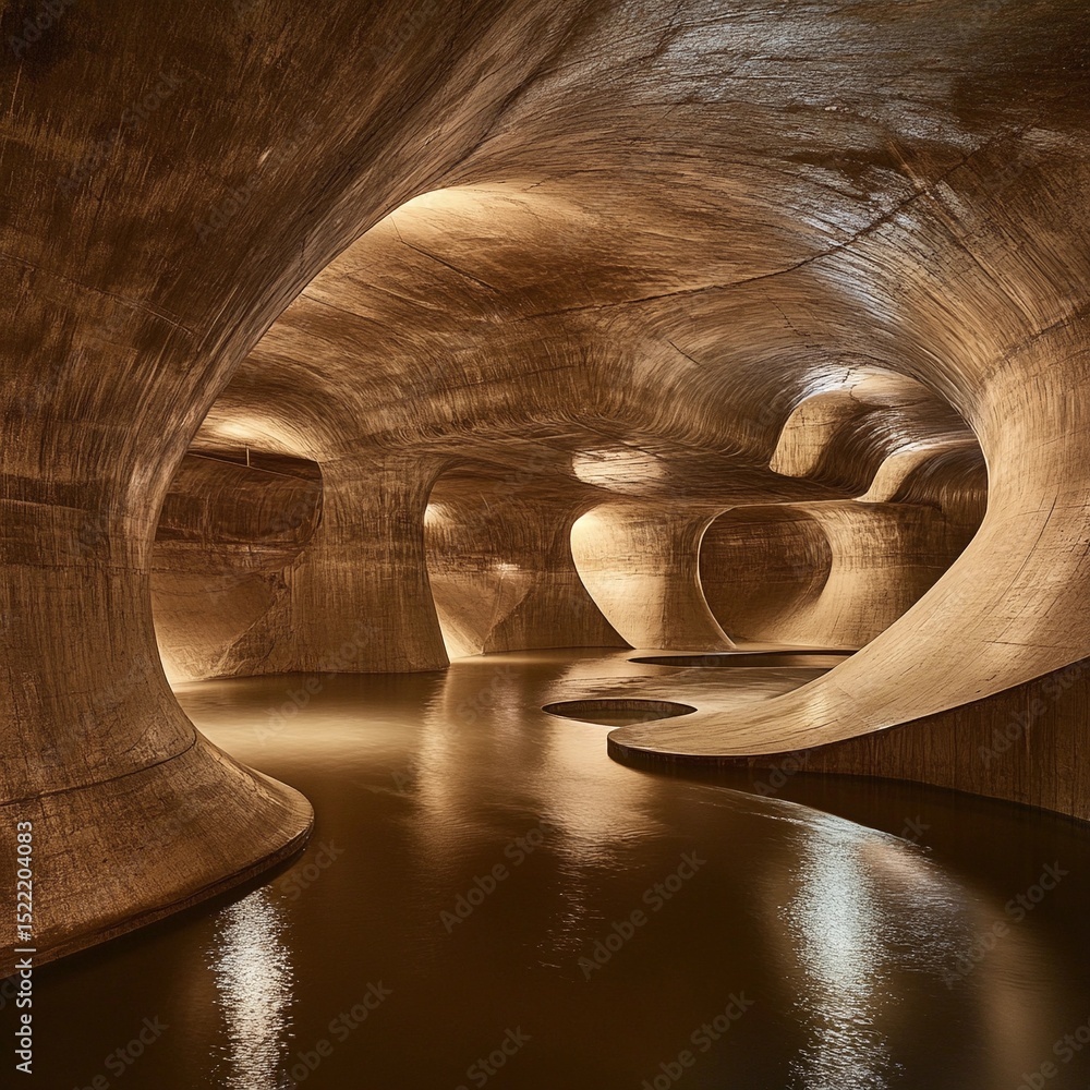 Fototapeta premium Intricate underground river flows through uniquely sculpted cavern with soft lighting