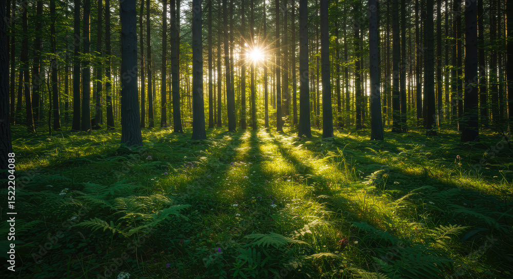 Fototapeta premium Sunlit Forest Path Serene Sunrise in Lush Green Pine Woods Tranquil Nature Scene Magical Sunlight Beams through Trees Peaceful Woodland Environment