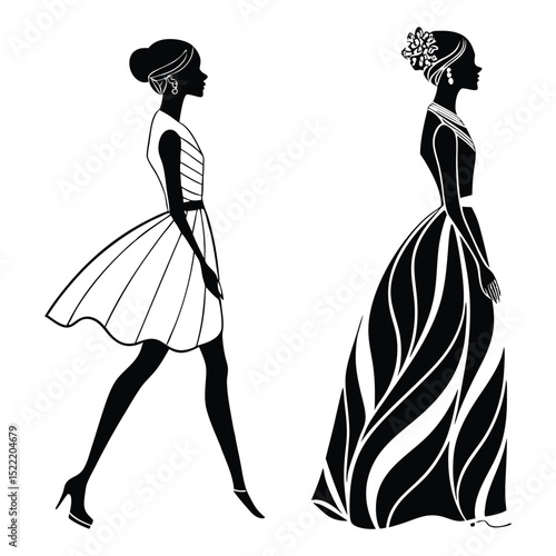 Elegant silhouette of a woman in a long flowing gown, perfect for a bride, princess, or fashion illustration