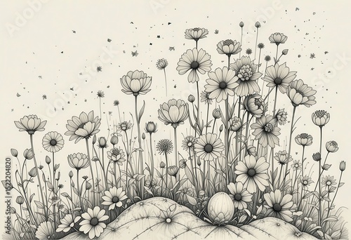 Beautiful floral illustration with detailed line art and intricate designs of flowers