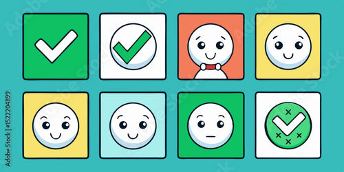 Set of Cute Cartoon Faces Expressing Different Emotions with Check Marks Isolated on a Turquoise Background Vector Illustration
