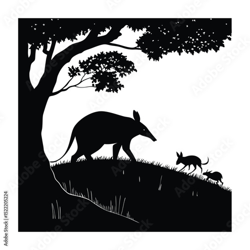 Silhouette animal vector illustration of wild deer, wolf, and cow in nature landscape with tree, moon, and sky