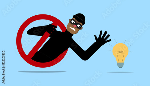 Masked man, thief wants to take an idea, a light bulb.eps