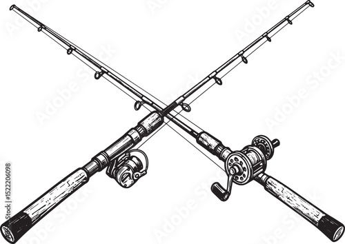 Detailed woodcut illustration of crossed fishing rods on a white
