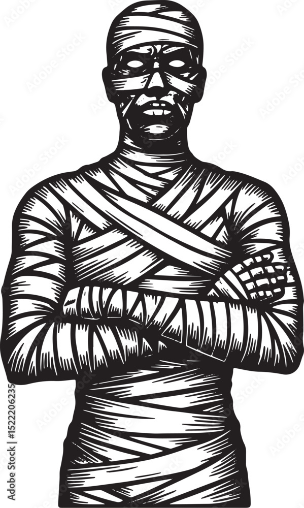 Obraz premium Intricate monochrome illustration of a mummy figure with bandage