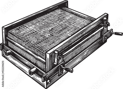 Handcrafted screening apparatus, meticulously rendered in black