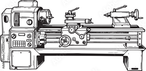 Vintage Lathe Machine Illustration: Detailed Woodcut Style Techn