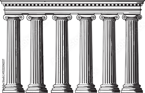 Classic Architectural Columns Elegant Row Woodcut Style Detailed