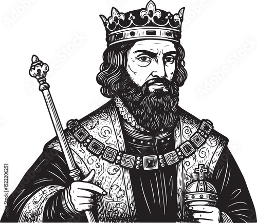 Monochrome Renaissance Monarch Portrait with Crown and Royal Reg
