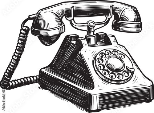 Monochrome woodcut-style illustration of a vintage rotary dial t