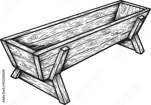 Detailed Woodcut Illustration of a Rustic Animal Feed Trough for