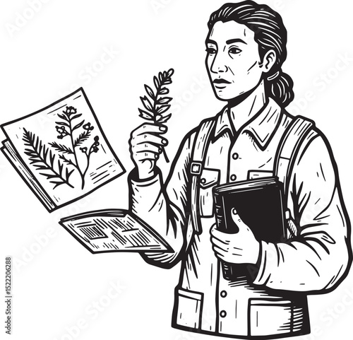 Botanical Researcher Illustration in Monochromatic Woodcut Style