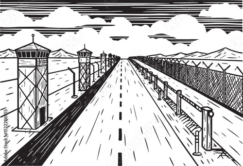 Monochrome illustration of a border crossing with security tower