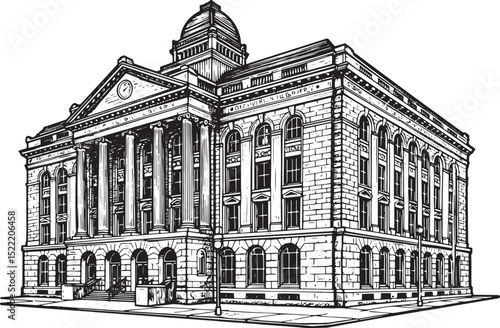 Architectural illustration of grand public library in a woodcut