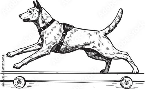 Vintage Woodcut Illustration of a Dog Exercising on a Wheeled Pl