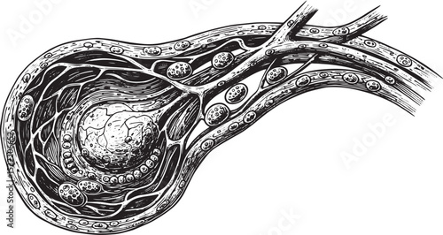 Lymph Node detailed illustration, anatomical drawing, monochrome