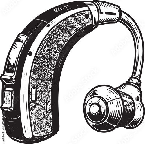 Monochrome illustration of a modern hearing aid device for impai