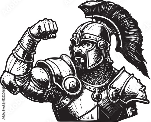 Detailed Woodcut Illustration of a Heroic Warrior with Strong Ar