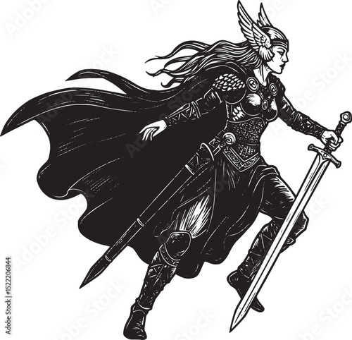 Valkyrie warrior illustration with cape, sword, and winged helme
