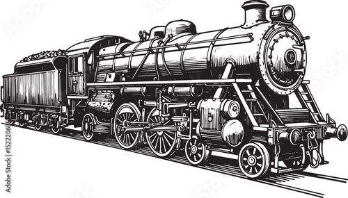 Detailed vintage steam train illustration in black and white woo