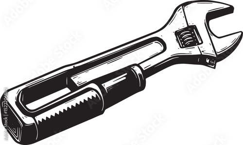 Monochrome digital drawing of an adjustable wrench tool, detaile