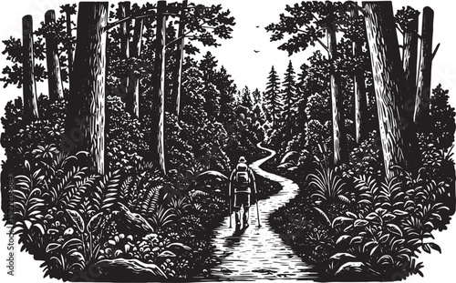 Monochrome woodcut illustration depicting hiker on forest trail