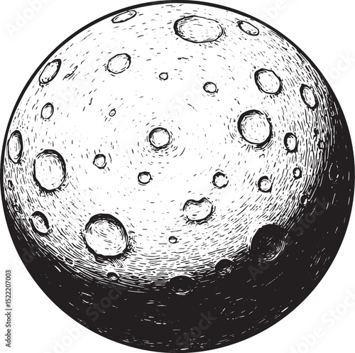 Detailed Woodcut Illustration of a Dwarf Planet with Craters in