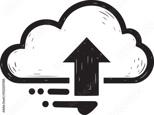 Woodcut illustration of cloud upload icon in black and white sty