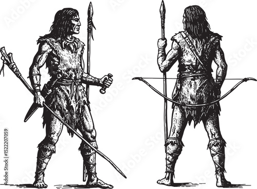 Detailed Woodcut Illustration of Hunter-Gatherer in Black and Wh