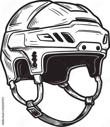 Monochrome vector drawing of a protective ice hockey helmet illu