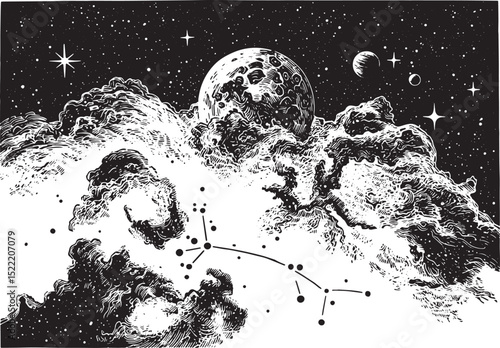 Cosmic Symphony, A Woodcut Illustration of Celestial Bodies and