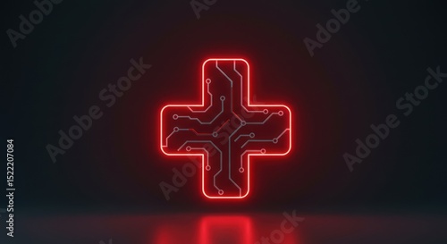 Glowing Red Medical Cross with Circuit Board Pattern on Dark Background