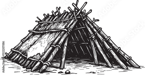 Monochrome Depiction of a Primitive Lean-to Shelter Construction