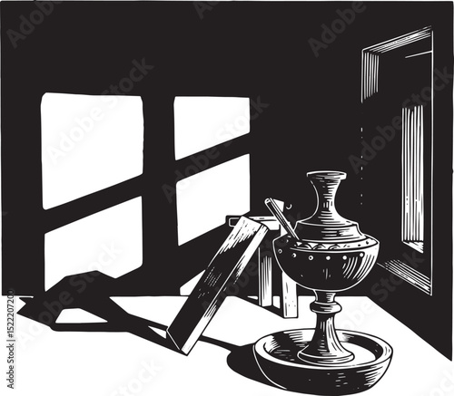 Monochrome Renaissance Lighting Still Life with Window and Artif