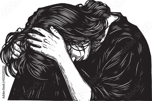 Distressed woman woodcut, Expressing grief and deep emotional pa