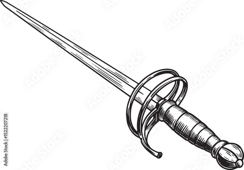 Intricate Rapier Sword Woodcut Illustration - Detailed Black and