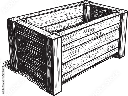 Detailed woodcut illustration of a classic wooden planter box fo