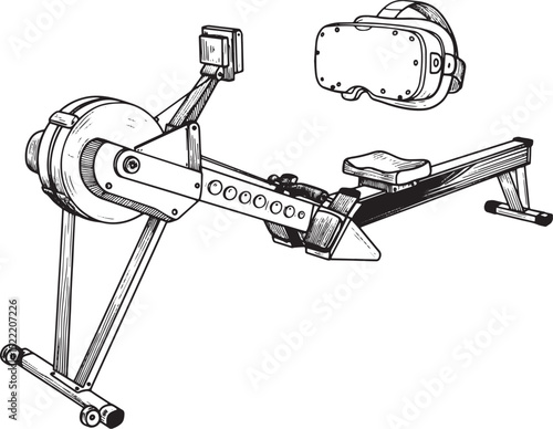 Monochrome VR Rowing Machine Woodcut, A Fusion of Fitness and Te
