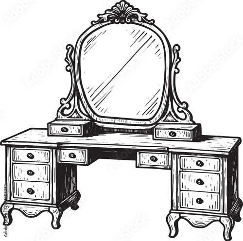 Vintage vanity set woodcut drawing black and white detailed illu